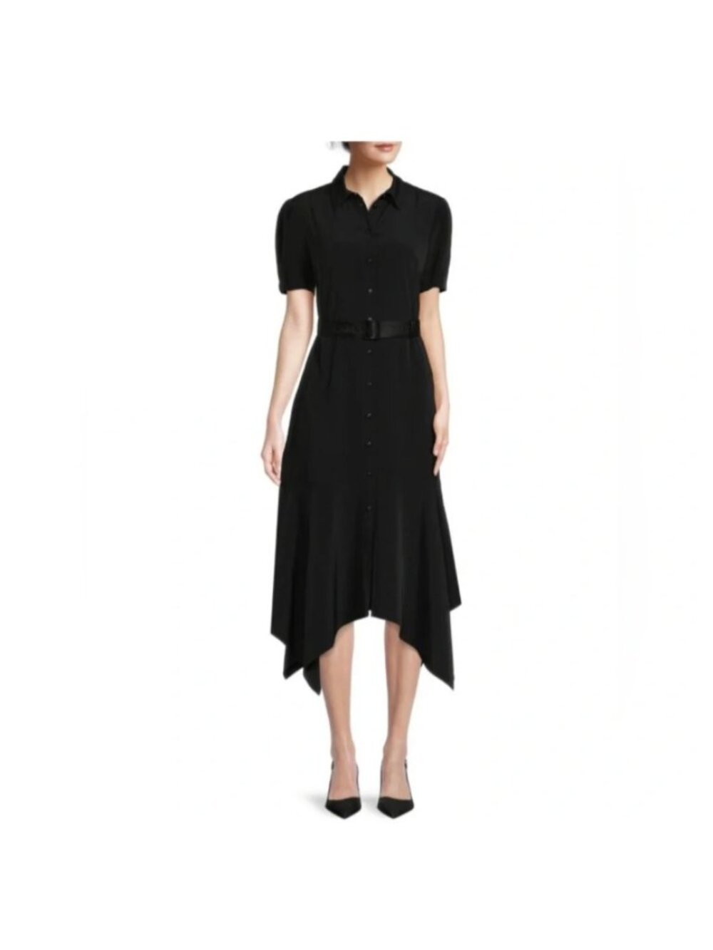 KARL LAGERFELD PARIS LOGO BELT HANDKERCHIEF HEM DRESS BLACK SIZE 10